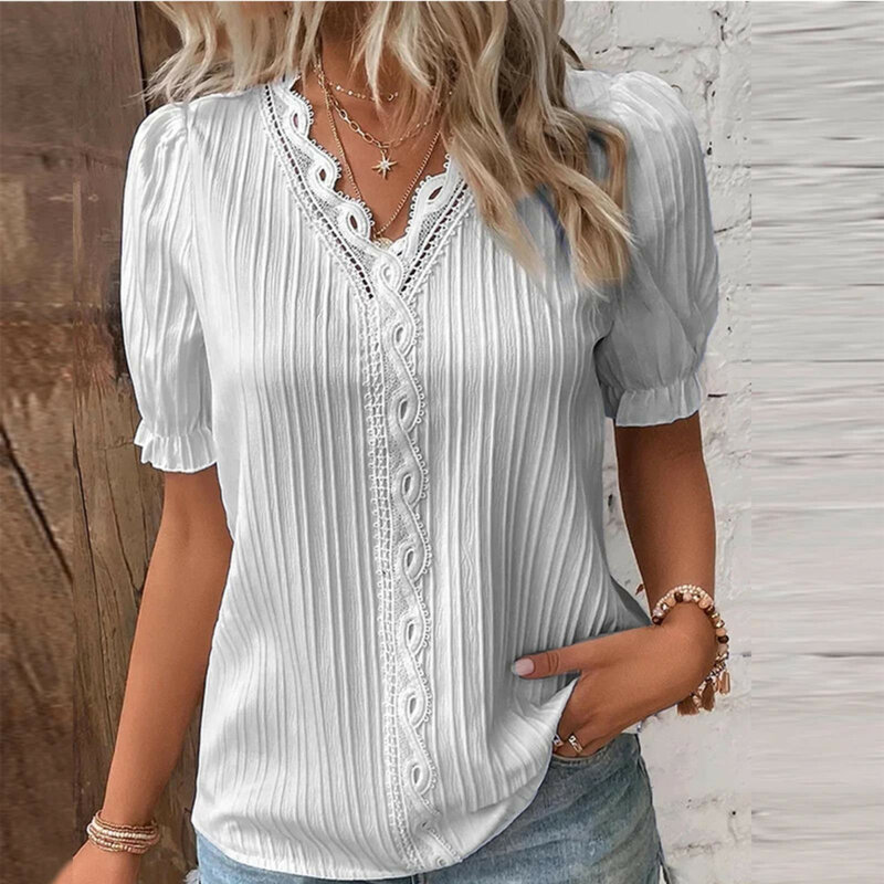 Elegant Women's Summer Casual Shirt Fashion Hollow Lace Patchwork Chic Long Sleeved V-neck Design Comfy Soft Thin Basic Tops