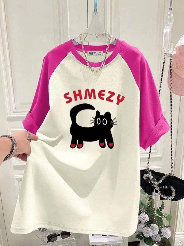 Hot 2024 Summer Cute Cat Cartoon Print Pure Cotton Short Sleeve Women T-shirts Tops Outdoor Casual Travel 6 Colors