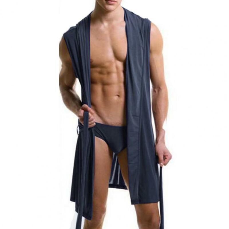 Pijama Sexy para Hombre, ropa de dormir de Color sólido con capucha, sin mangas, bata de baño fina, vestido de verano