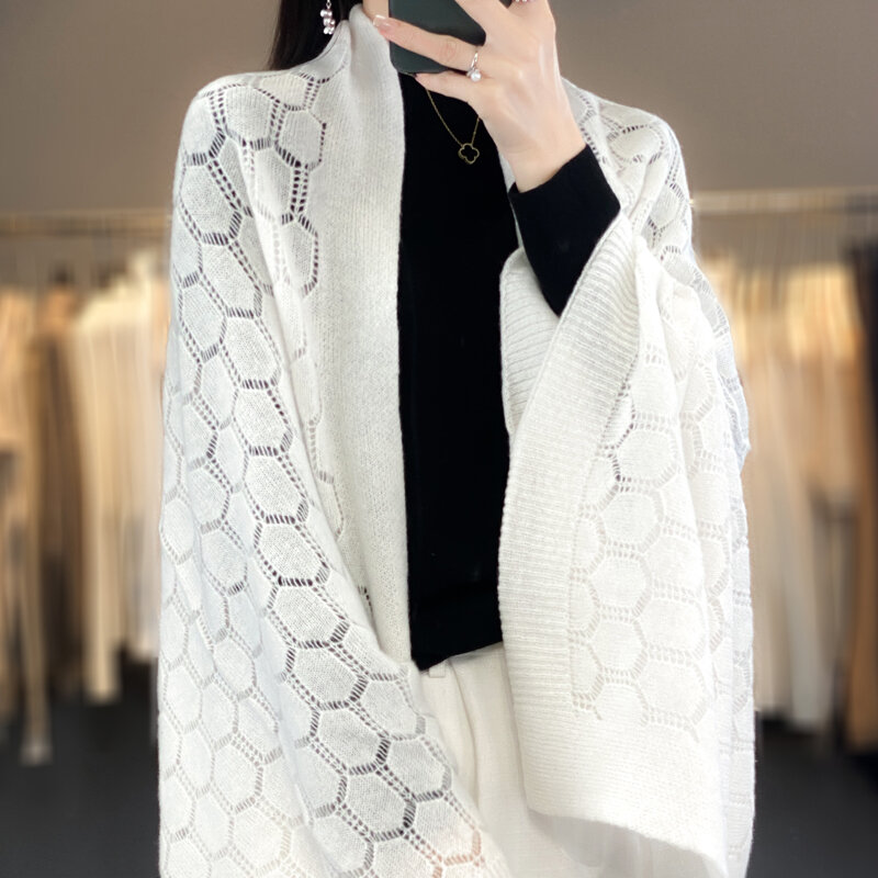 100% Merino wol mode baru kardigan musim semi untuk wanita Grace syal rajutan lembut berlubang desain bulat selendang gaya Korea