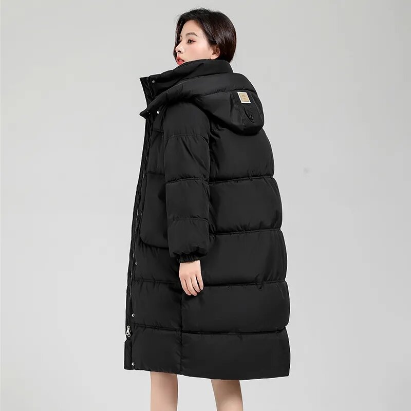 Kurtka damska 2023 nowa zimowa ocieplana kurtka z bawełny moda luźna ciepła długi płaszcz damska kurtka z kapturem