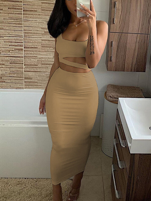 New Two Pieces Long Pencil Sexy Dress Hollow Out Sleeveless Elastic Club Bodycon Vestidos Summer Solid Color Casual Beach