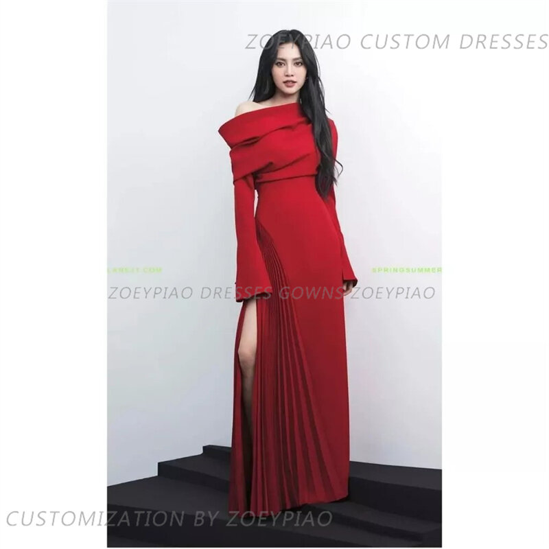 2024 Robe de Soiree rote Meerjungfrau Abendkleider Kleider volle Ärmel Seitens chlitz matt Satin Vestidos Para Fiesta de Día y Noche