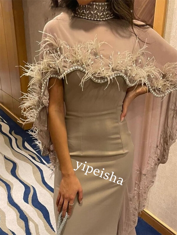 Gaun Prom Jersey malam bulu manik-manik ulang tahun A-line kerah tinggi Bespoke gaun acara gaun Midi Gaun Arab Saudi