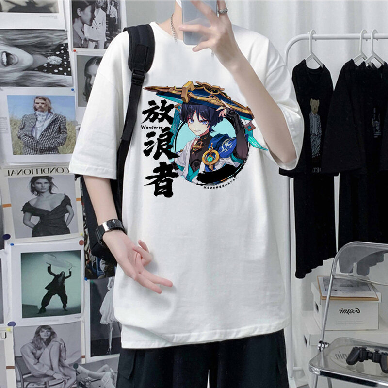 T-shirt lengan pendek wanita motif benturan Genshin 2023 T-shirt lengan pendek Vintage grafis Harajuku atasan baju jalanan Y2k