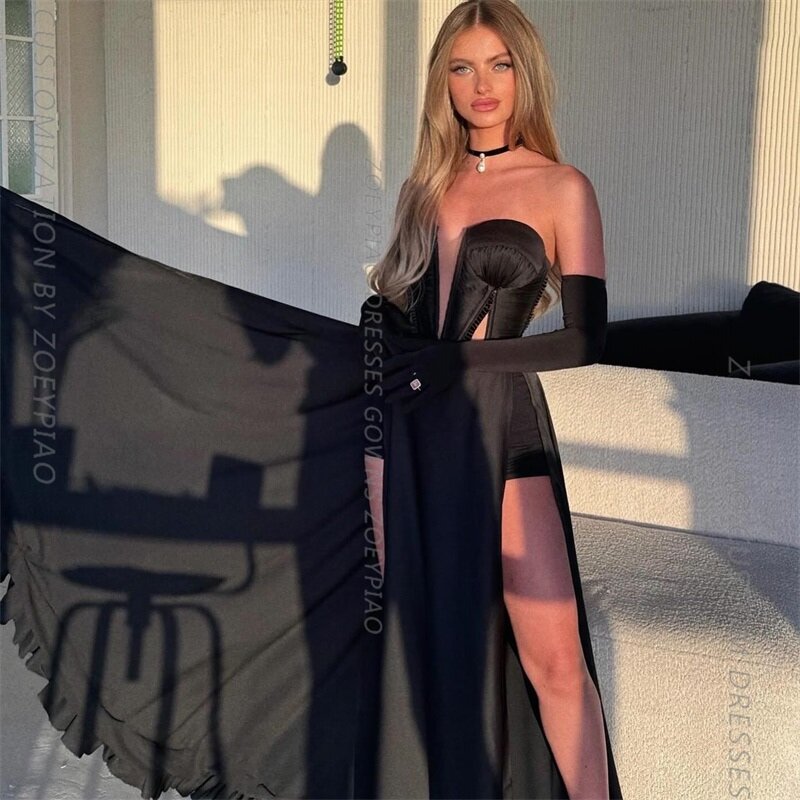 Abito da sera israeliano nero di lusso con 2 fessure 2024 abiti da cerimonia lunghi personalizzati a maniche lunghe Sexy per la festa nuziale delle donne