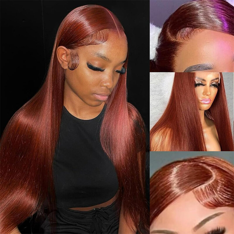 Straight Reddish Brownish 13x6 Lace Front Human Hair Wig Glueless 4x4 Closure Wig Dark Red Brown Hair HD 13x4 Lace Frontal Wigs