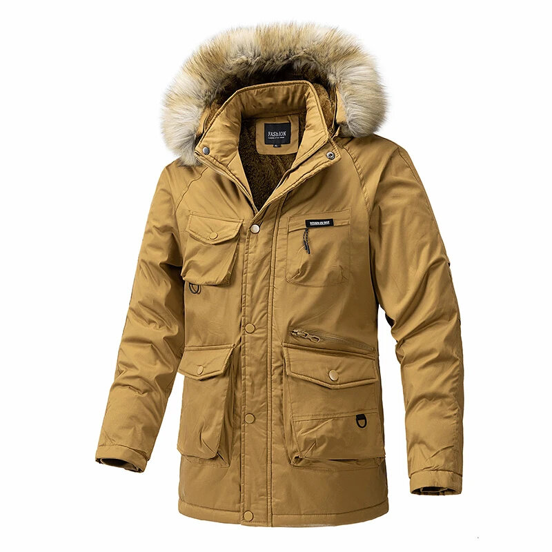Новинка 2024, мужская осенне-зимняя модная повседневная ветрозащитная хлопковая куртка средней длины, плотное пальто со съемным плюшем и капюшоном