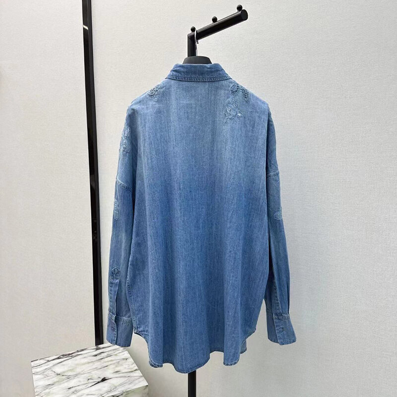 Женская джинсовая рубашка с кружевом, Свободный Повседневный Топ с растворимым цветочным рисунком, для лета, Y2K, 2024