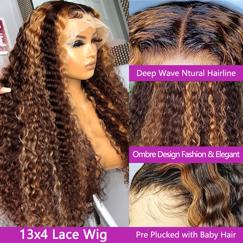 Perruque Lace Highlight Wig sans colle naturelle, cheveux bouclés, couleur blond miel, 13x6, 13x4, HD, Deep Wave, 360