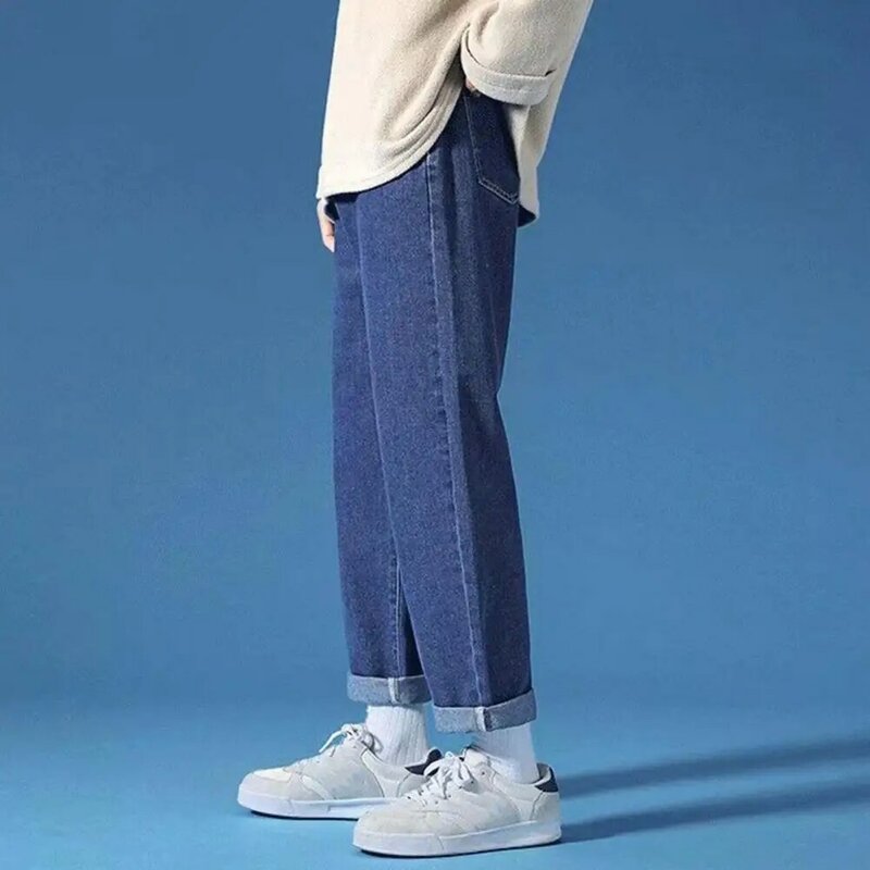 Men Trousers Streetwear Men's Wide Leg Denim Pants with Zipper Fly Pockets Casual Loose Fit Jeans for A Stylish Look Sporty Men