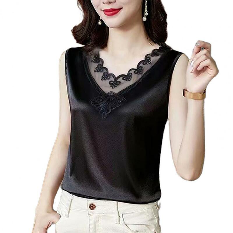Women Tank Top Elegant Lace Tank Tops for Women Soft Pullover Sexy V-neck Camisole Feminine Satin Silk Button Vest for Wear