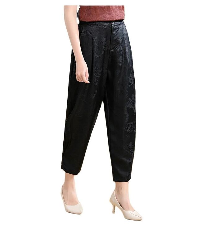 Birdtree, 100%Real Silk Watered Gauze Pants, Women's High Waisted Jacquard, Loose Casual Retro Trouser, 2024 Summer New B45215QC