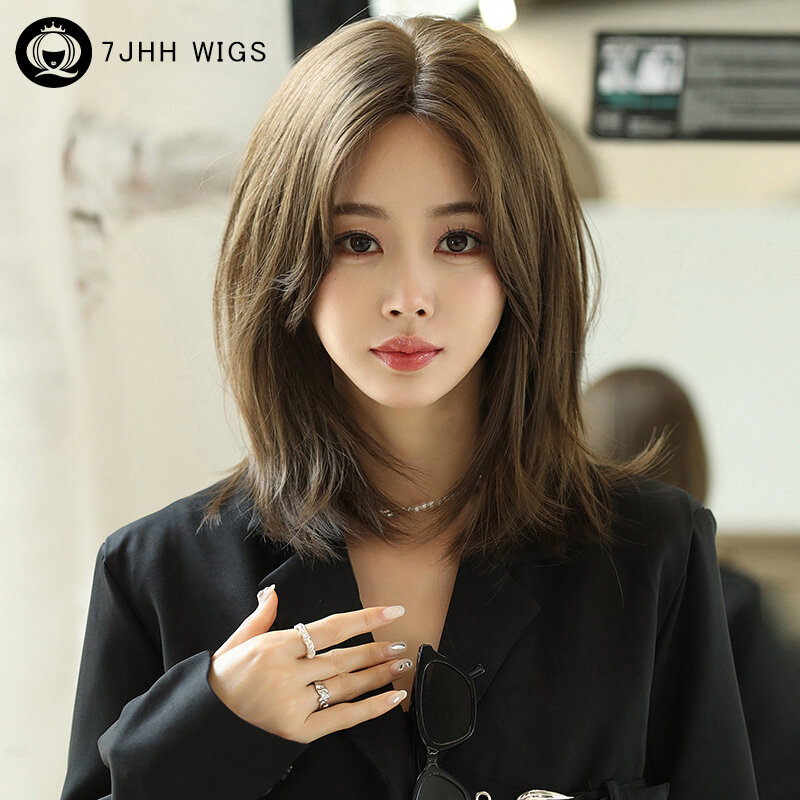 7JHH WIGS Glueless Wig Synthetic Cool Brown Bob Wig for Women High Density Short Straight Middle Part Wigs with Bangs Lolita Wig