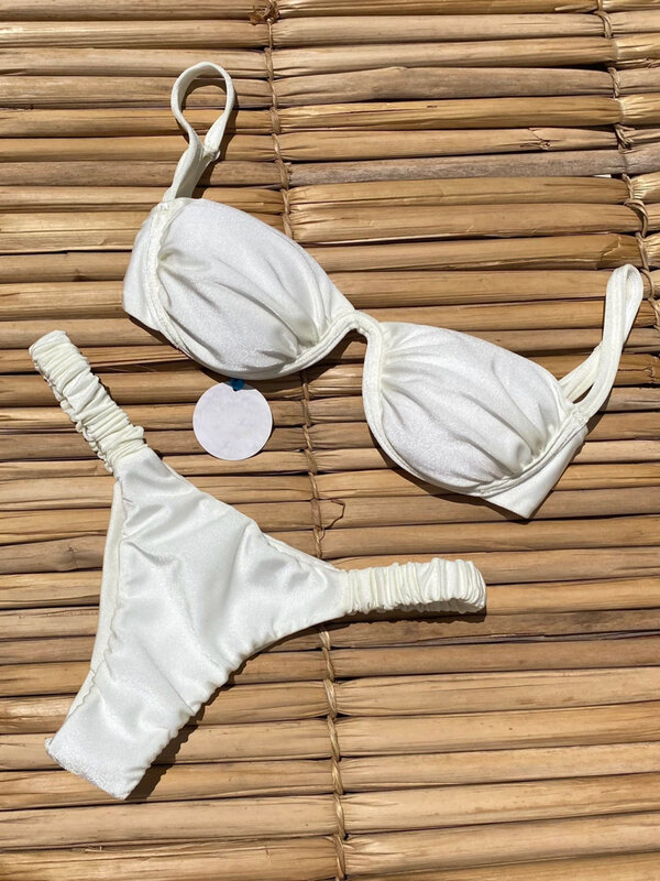 Bikini de realce para mujer, traje de baño Sexy, conjunto de Bikini brasileño, ropa de playa brillante sólida, 2024