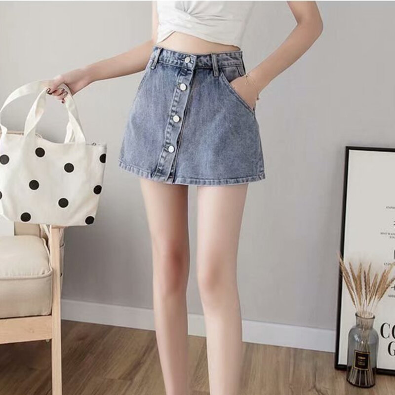 Feynzz-nowe letnie szorty damskie, modne, z wysokim stanem, guzikami, szerokimi nogawkami, do codziennego użytku, luźne, niebieskie jeansowe