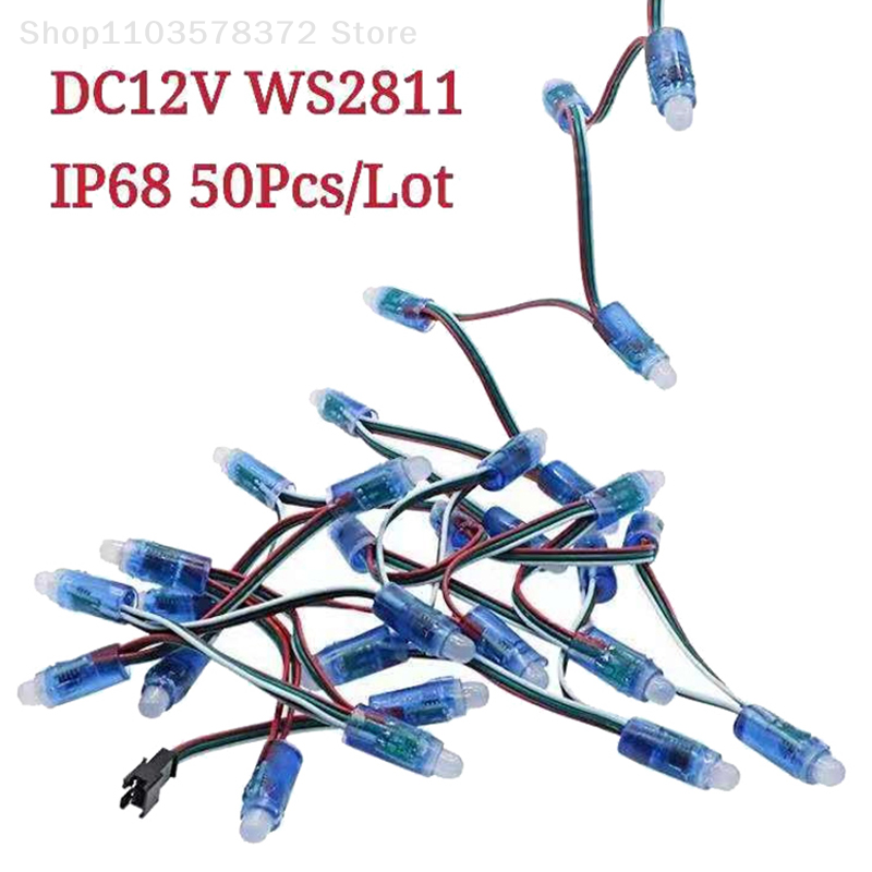 50pcs/lot DC5V WS2811 Full Color LED Pixel Light Module 12mm 10cm Wires IP68 Waterproof RGB Digital Led Strings