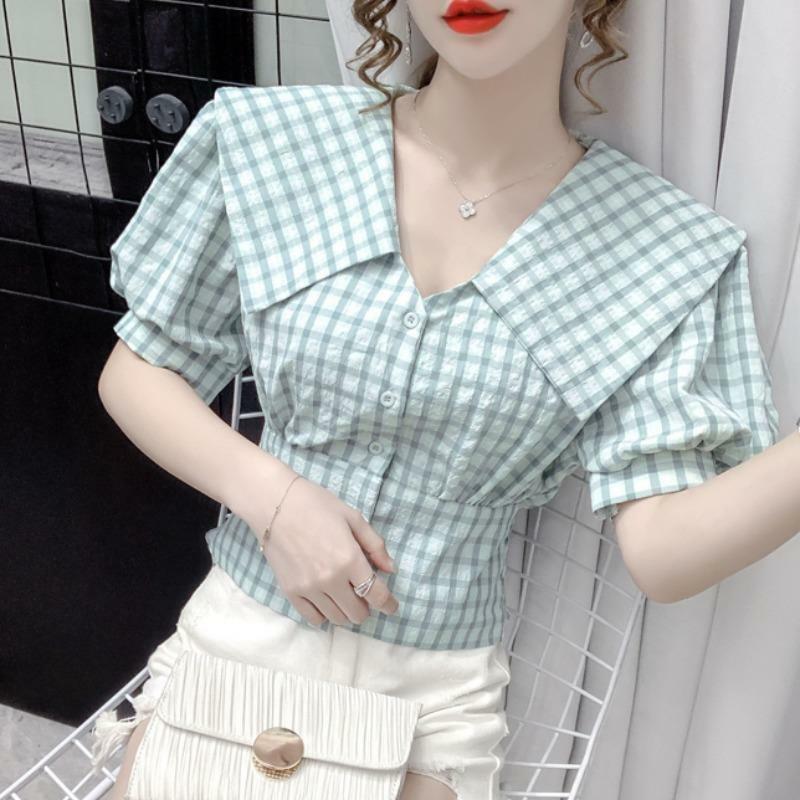Блузка женская с отложным воротником, повседневная универсальная однобортная рубашка с клетчатым принтом, свободные шорты с пышным рукавом, на лето