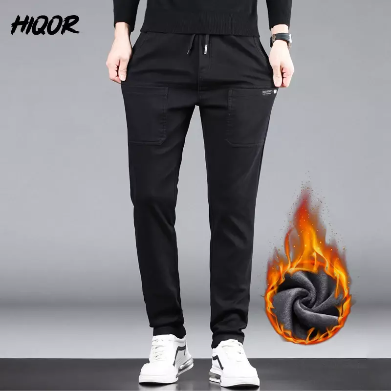 HIQOR Y2k Clothing Winter Warm Man Pants Thicken Men Fleece Loose Straight Trousers Fashion Korean Style Business Pants for Mens