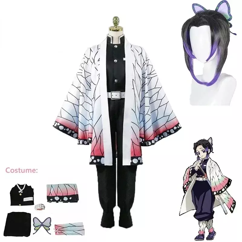 Anime Kimono Uniforme para Crianças, Fantasia Cosplay, Dia das Bruxas, Kochou Shinobu, Kochou, Kimetsu, Geen, Shinobu