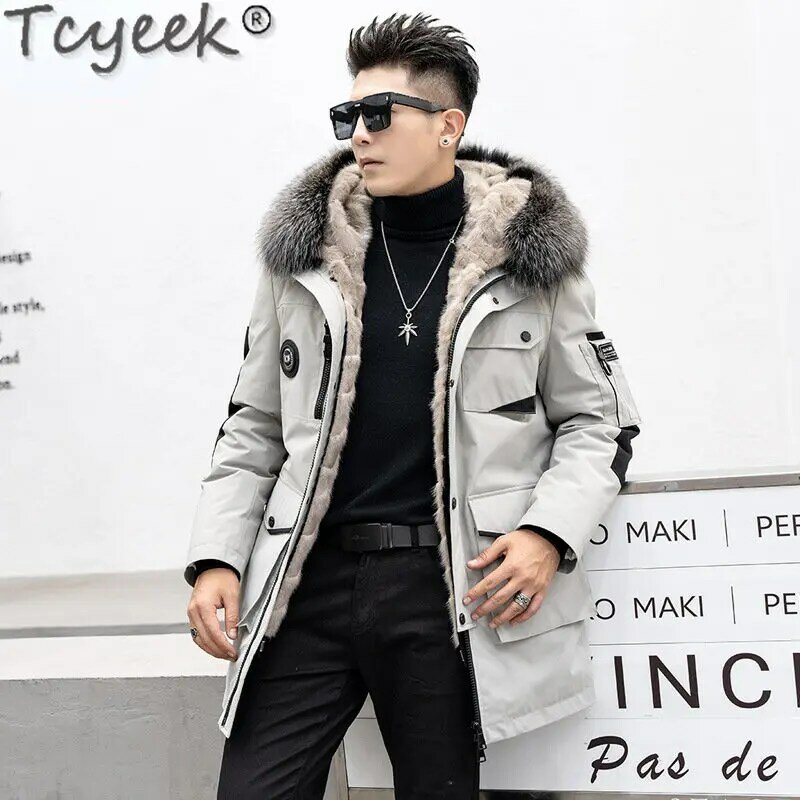 Tcyeek-Parka de piel de visón Natural para hombre, abrigo ajustado de longitud media con capucha, Cuello de piel de zorro, cálido, invierno