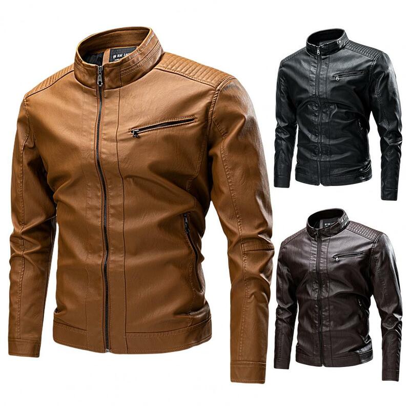 Autumn Winter Leather Coat Stand Collar Long Sleeves Pockets Zipper Placket Men Jacket Fleece Lining Faux Leather Motorcycle