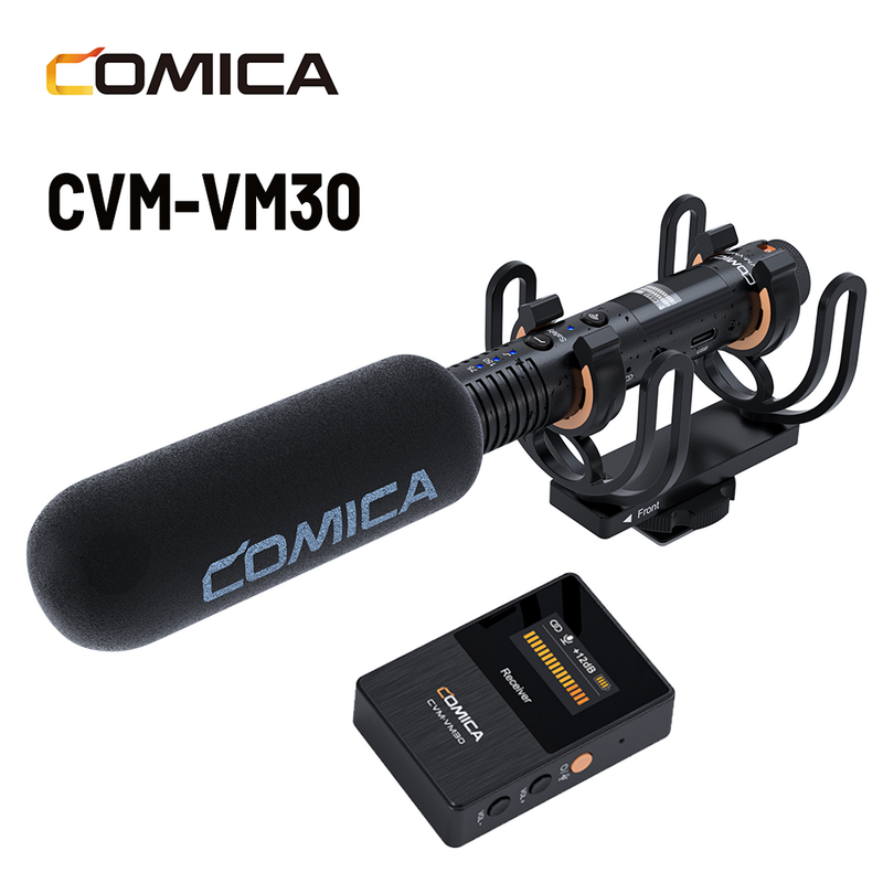 Comica-CVM-VM30 Microfone sem fio com Shock Mount, Audio Shotgun, Fit para câmera DSLR, Smartphone, PC, 2.4G