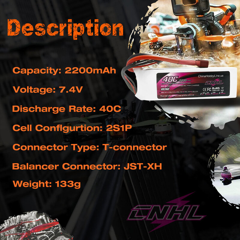 Bateria CNHL Lipo com T Deans XT60 Plug, RC FPV Quadcopter Drone Avião Helicóptero Carro Passatempo, 2S, 7.4V, 2200mAh, 30C, 40C, 70C, 2pcs