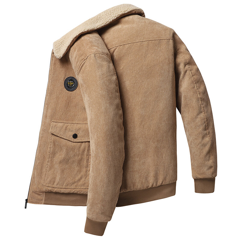 Jaqueta solta de gola virada para baixo de algodão acolchoada masculina, casaco forrado a lã, grosso, combinação de cores frente e verso, moda outono e inverno