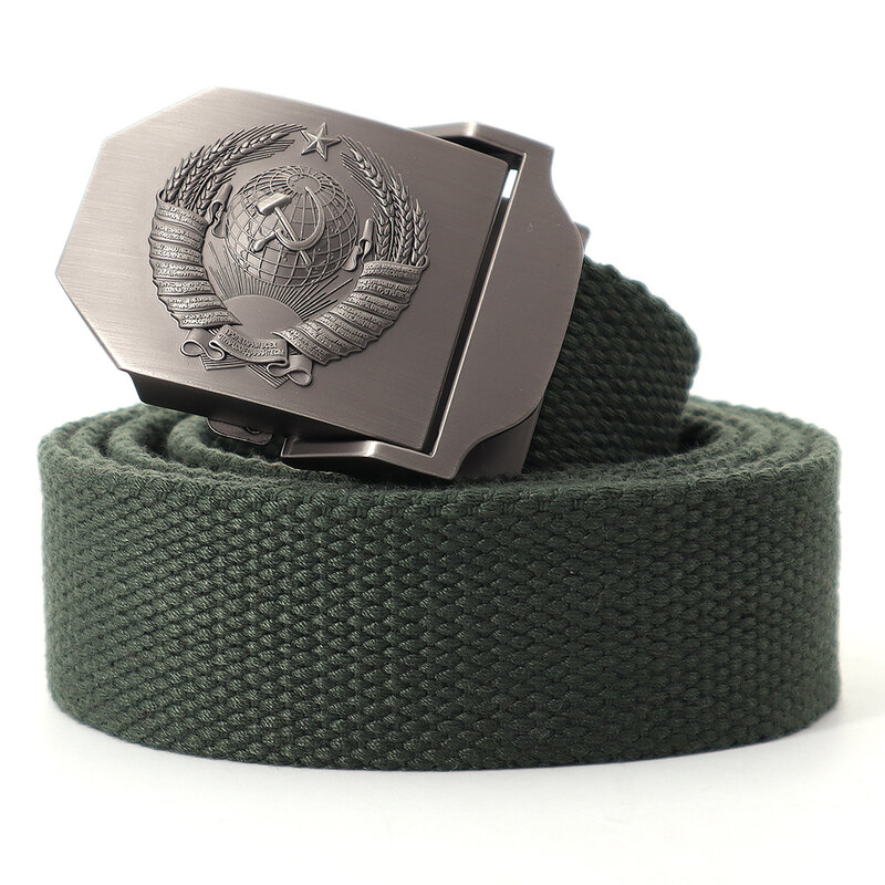 Mens Canvas Outdoor Tactical Army Belt 3D Soviet National Emblem Metal Buckle Unisex Jeans Belt for Men Military Training Belts