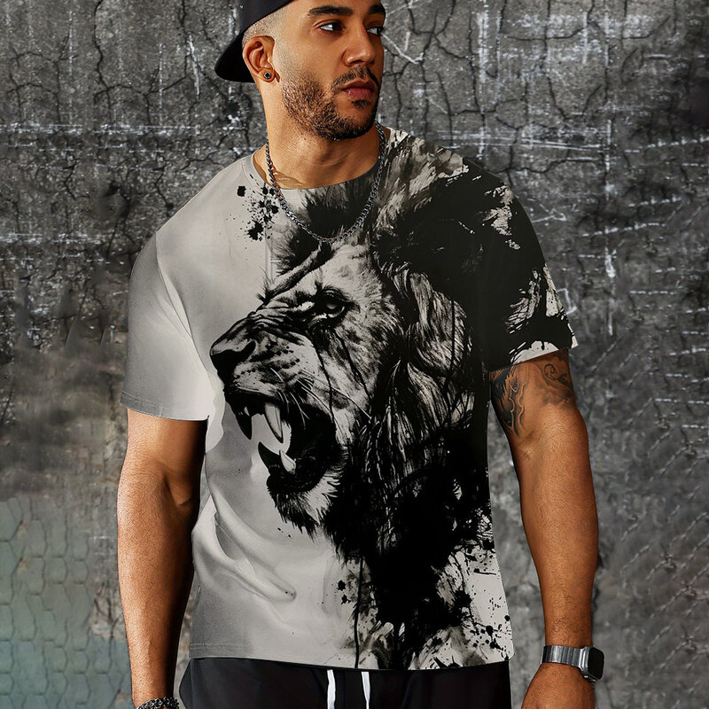 Camiseta masculina com padrão de leão, blusa de manga curta solta e respirável, gola redonda, plus size, moda de verão, tendência