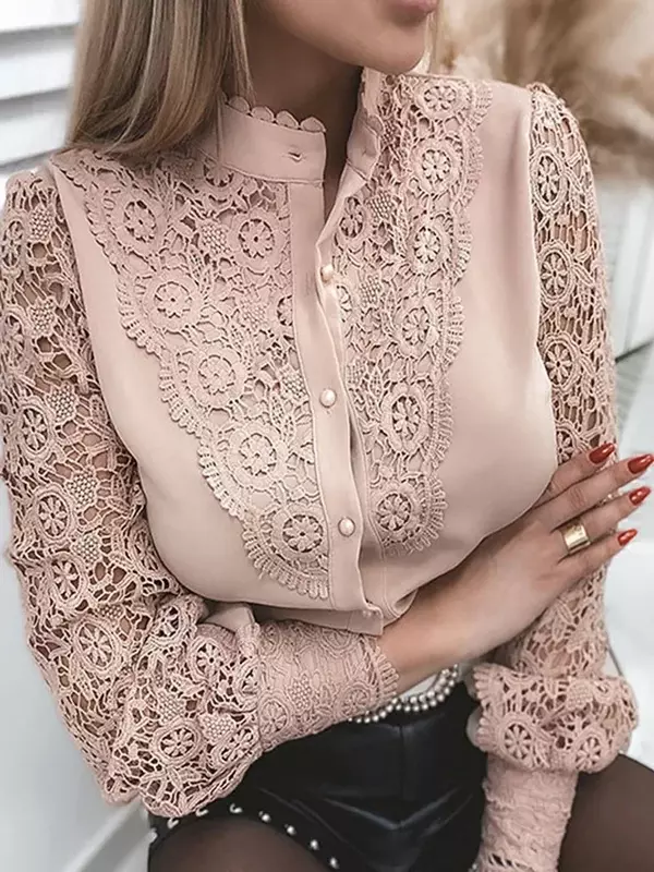 Blusa com estampa floral manga longa feminina, blusa com botões, camisa de renda branca, moda vintage, outono, 2022