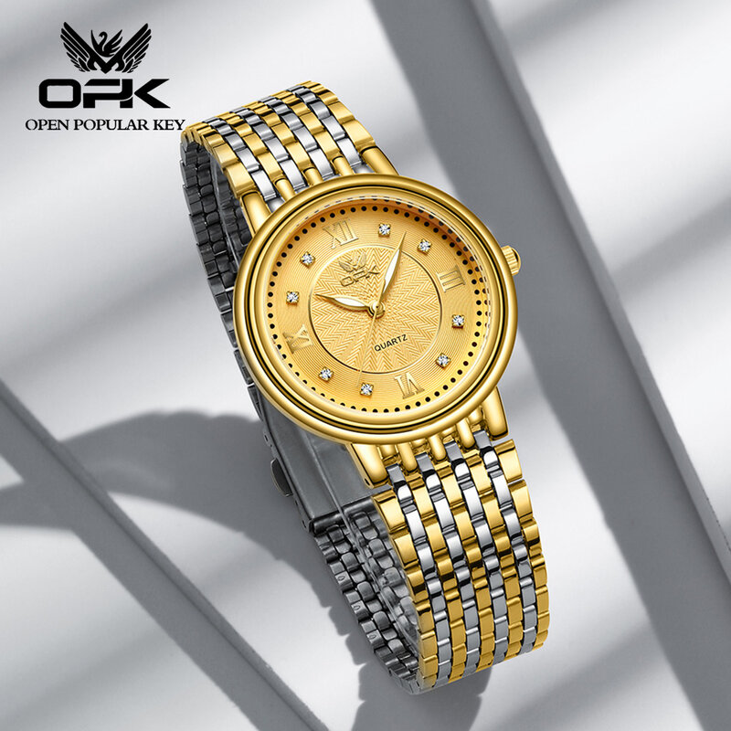 OPK jam tangan kuarsa merek mewah untuk pria, arloji pria tahan air bercahaya dengan tali baja tahan karat, jam tangan skala berlian asli untuk pria