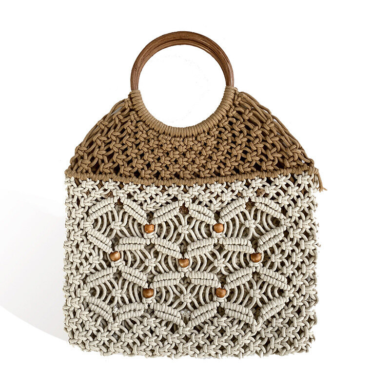 Desain merek tas tenun tangan kayu bulat pegangan berongga tas Tote wanita Bohemian tas tangan liburan tali tenun tas