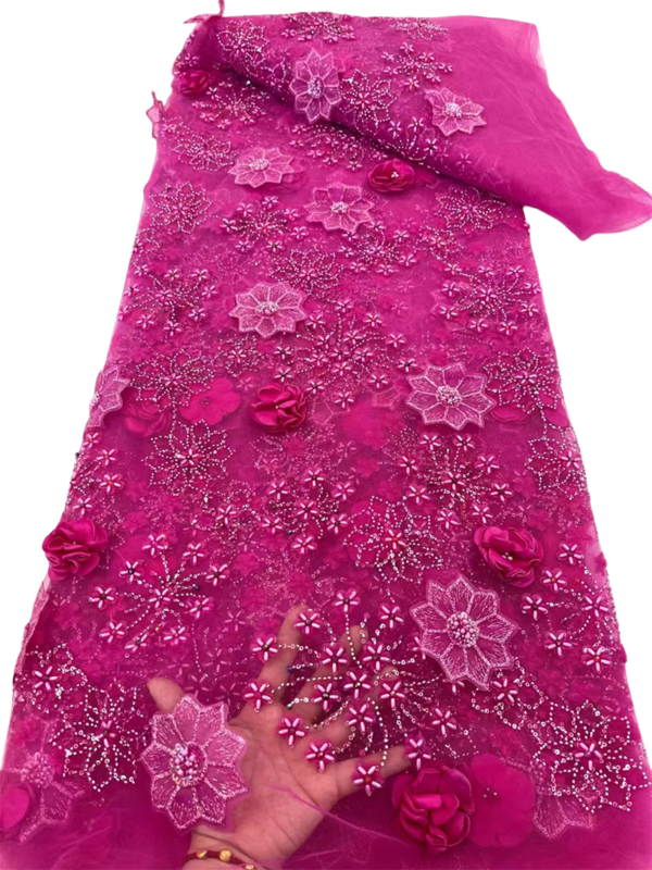 African Nigerian 3D Sequins French Tulle Lace Fabric, High Quality Beaded Lace, Luxury, Wedding Party Dress,Fuchsia,2024