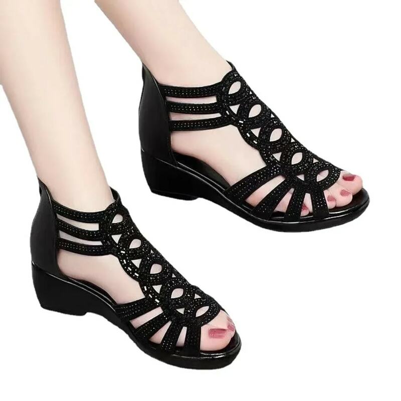 Sandálias romanas de couro macio para mulheres, sapatos de cunha para senhoras, sapato casual designer, moda nova, 2023