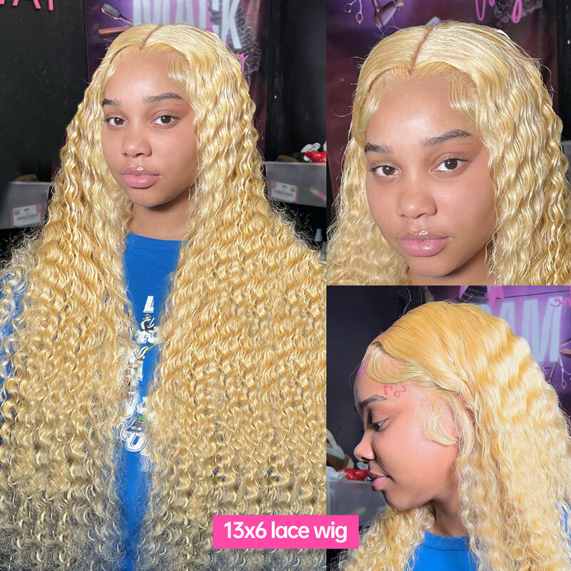 Perruque Lace Frmetals Wig Remy naturelle bouclée, cheveux humains, Deep At Wave, blond, 13x6, 13x4, transparent, HD, 613