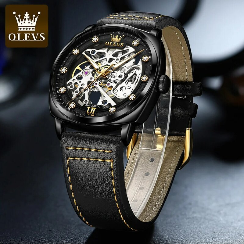 OLEVS Original bBrand Men's Watch Punk Barrel Type Automatic Mechanical Watch Leather Strap Waterproof Luminous Male Wristwatch