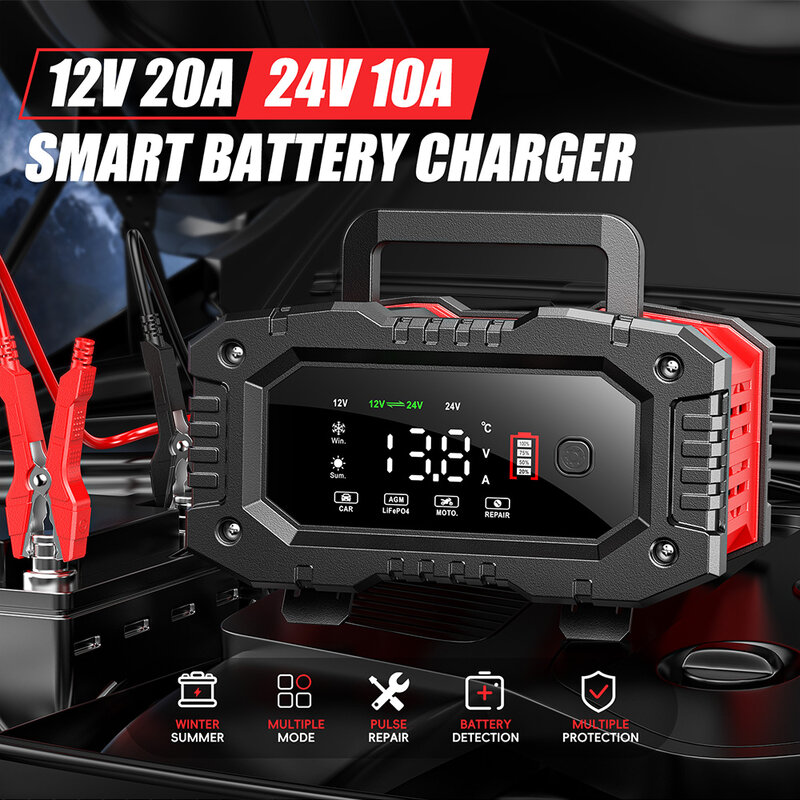 Foxsur tragbares Autobatterie ladegerät 12V 20a 24V 10a Motorrad LKW Agm Lifepo4 Blei Säure Batterien automatische Reparatur Wartung