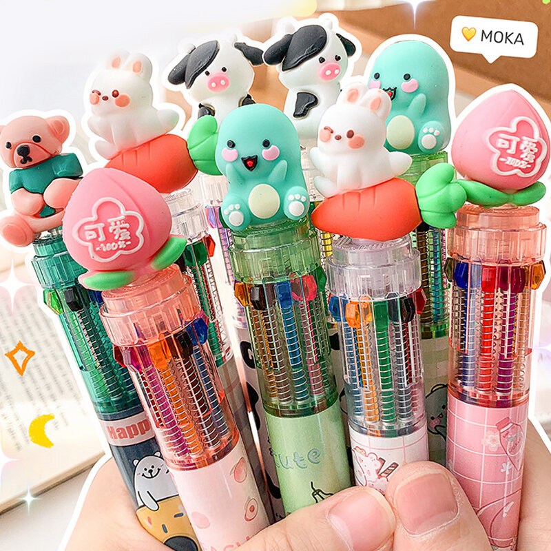 1 개/몫 귀여운 동물 만화 볼펜 학교 사무실 공급 문구 10 여러 가지 빛깔의 펜 다채로운 리필
