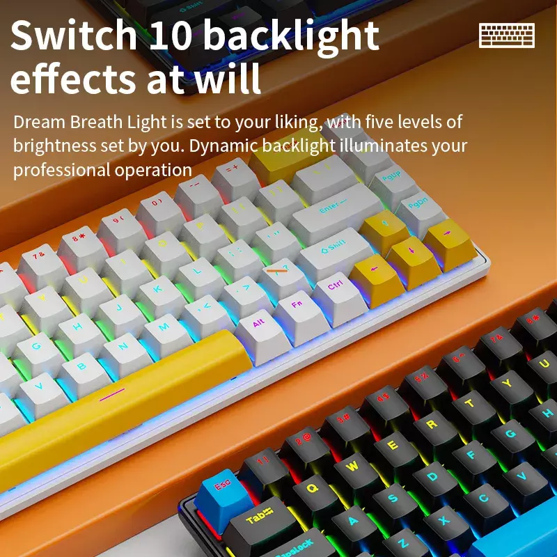 Przewodowa klawiatura mechaniczna SKYLION K68 10 rodzajów kolorowych oświetlenia do gier i biura dla systemu Microsoft Windows i Apple IOS