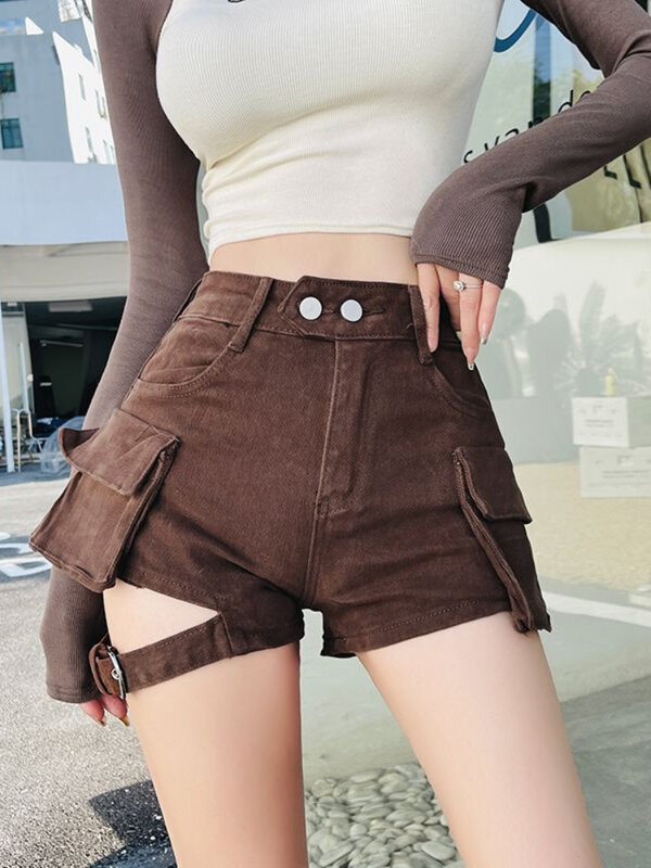 QWEEK American Retro Design Cargo Denim Shorts Women 2024 Spring Summer Fashion Korean Kpop Streetwear Sexy Vintage Shorts