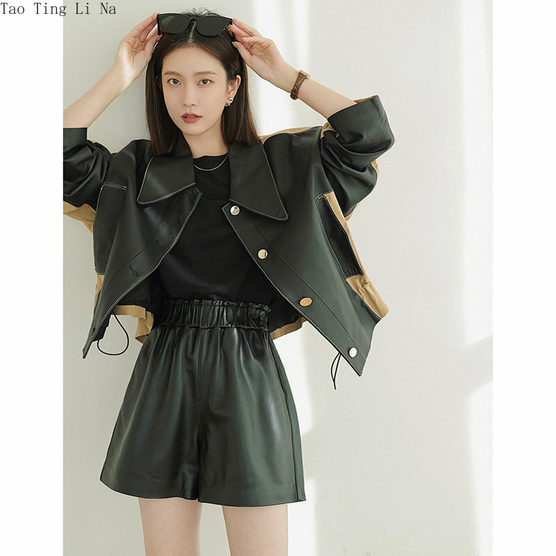 2023 New High Waist Casual Genuine Sheepskin Leather Shorts Loose Wide Leg Comfortable Real Leather Shorts W26