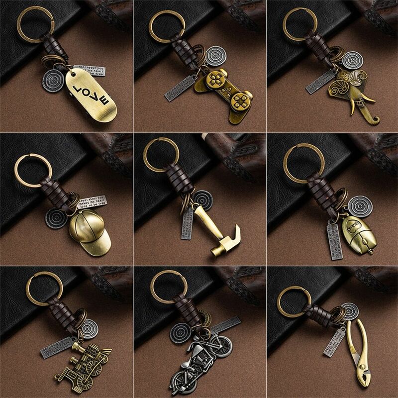 Porte-clés éléphant marron vintage pour homme et femme, cuir de planche à roulettes, porte-clés rétro, alliage métallique, musique, breloque de sac