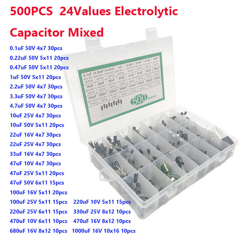 500 шт., 24 значения, 0,1 мкФ ф-1000u, электролитический конденсатор, смешанные электролитические конденсаторы DIP, 10 в, 16 В, 25 В, 50 в, электронный комплект