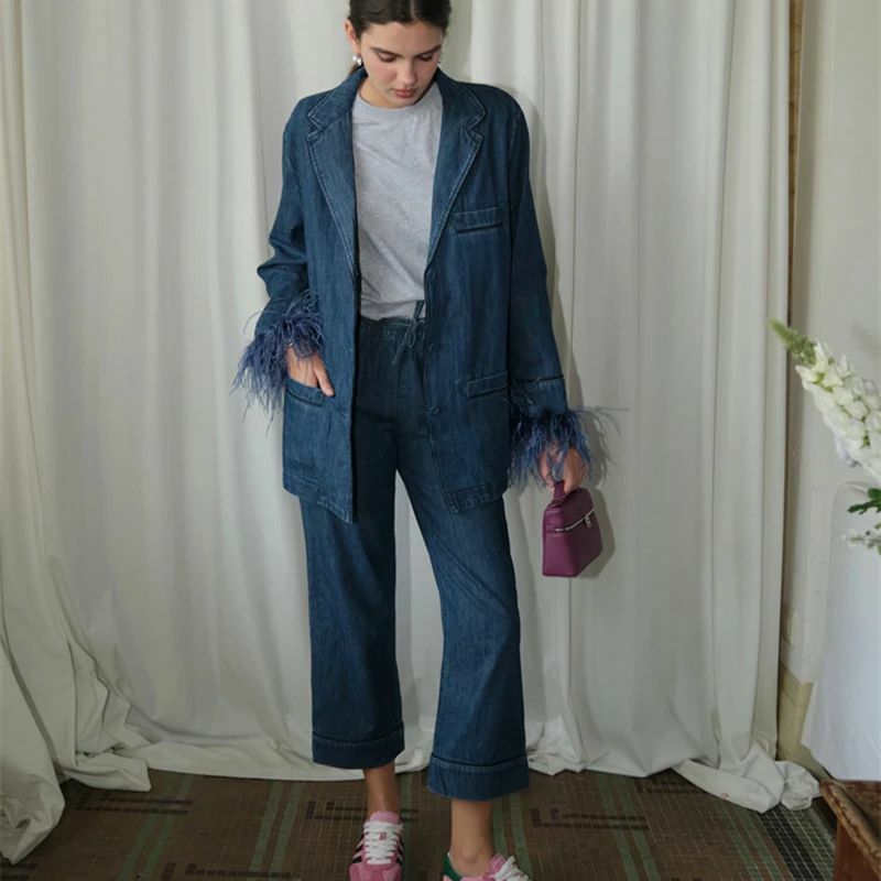 Polsini di piume da donna Danim Blazer Suit Streetwear Set di due pezzi abiti Lady Suit New Spring Set di pantaloni femminili