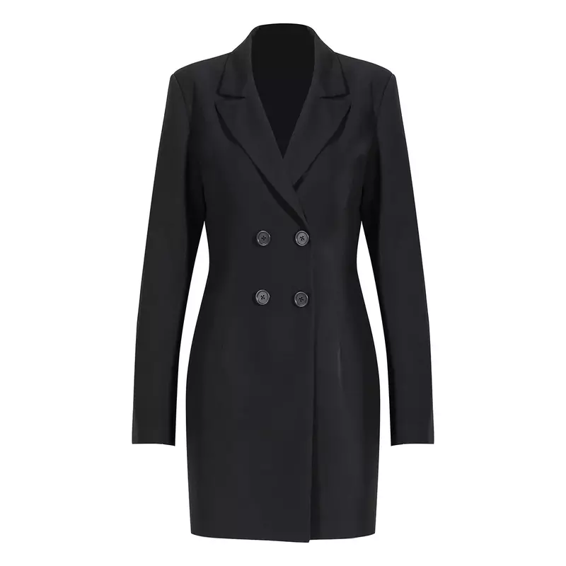 Женский костюм с юбкой, черный комплект из 2 предметов, блейзер с поясом и платье для выпускного вечера, официальная деловая длинная куртка, двубортное пальто