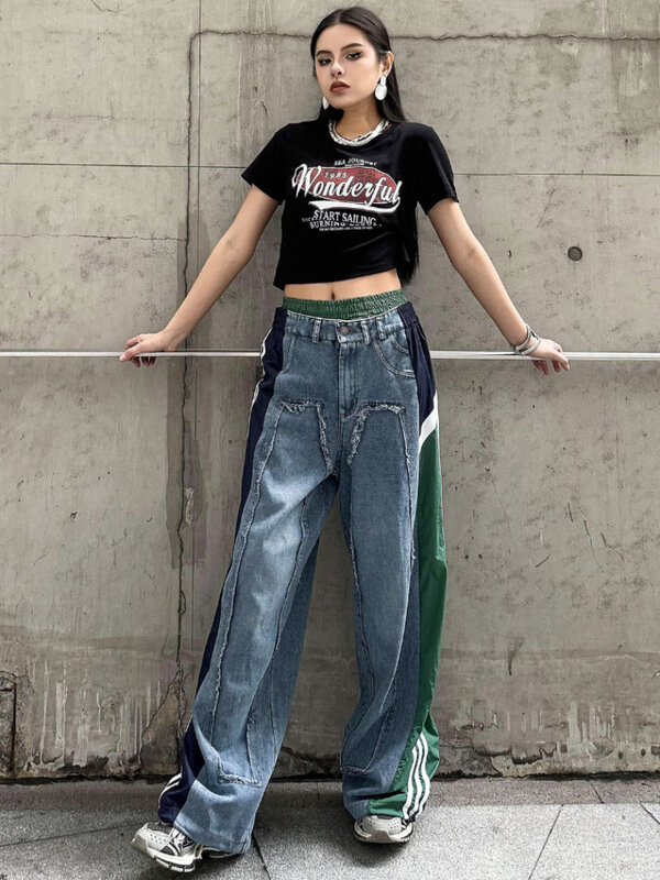 2024 Straat Pittige Meisje Hoge Taille Jeans Voor Dames Nieuwe Elastische Contrasterende Kleur Losse Slanke Amerikaanse Retro Denim Wijde Pijpen Broek