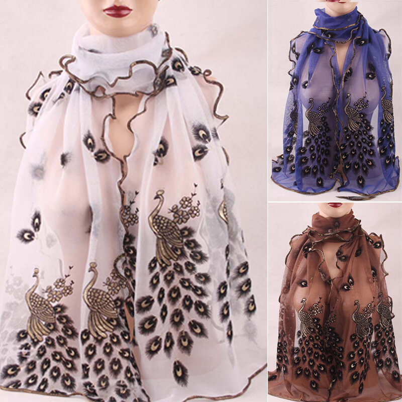 Lenços de seda femininos, Estola de Pavão Senhora, Xale Longo Transparente, Envoltório de Chiffon Macio, Moda, 190x40cm, 1Pc