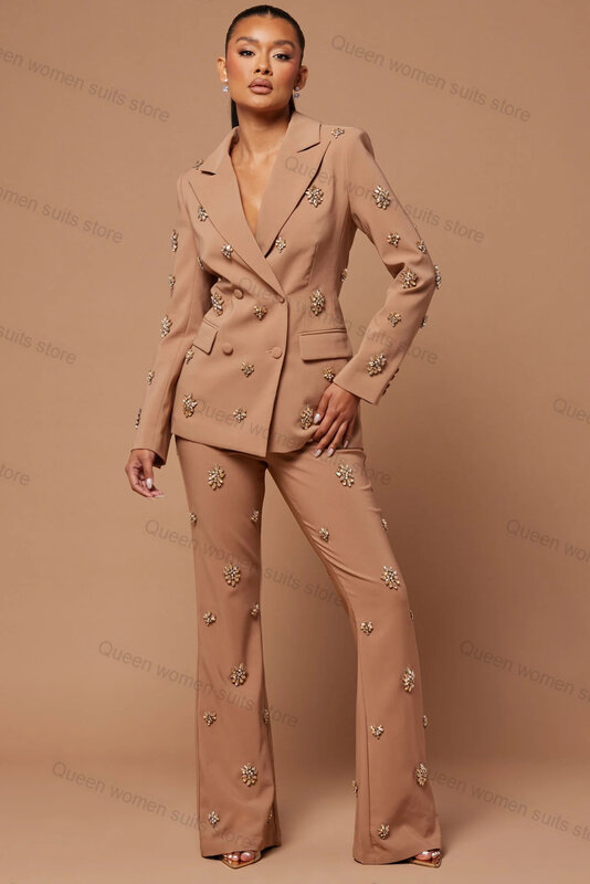 Khaki Crystals Women Suit Pants Set 2-częściowy blezer+Spodnie Red Catwalk Formal Office Lady Prom Dress Jacket Coat Custom Made
